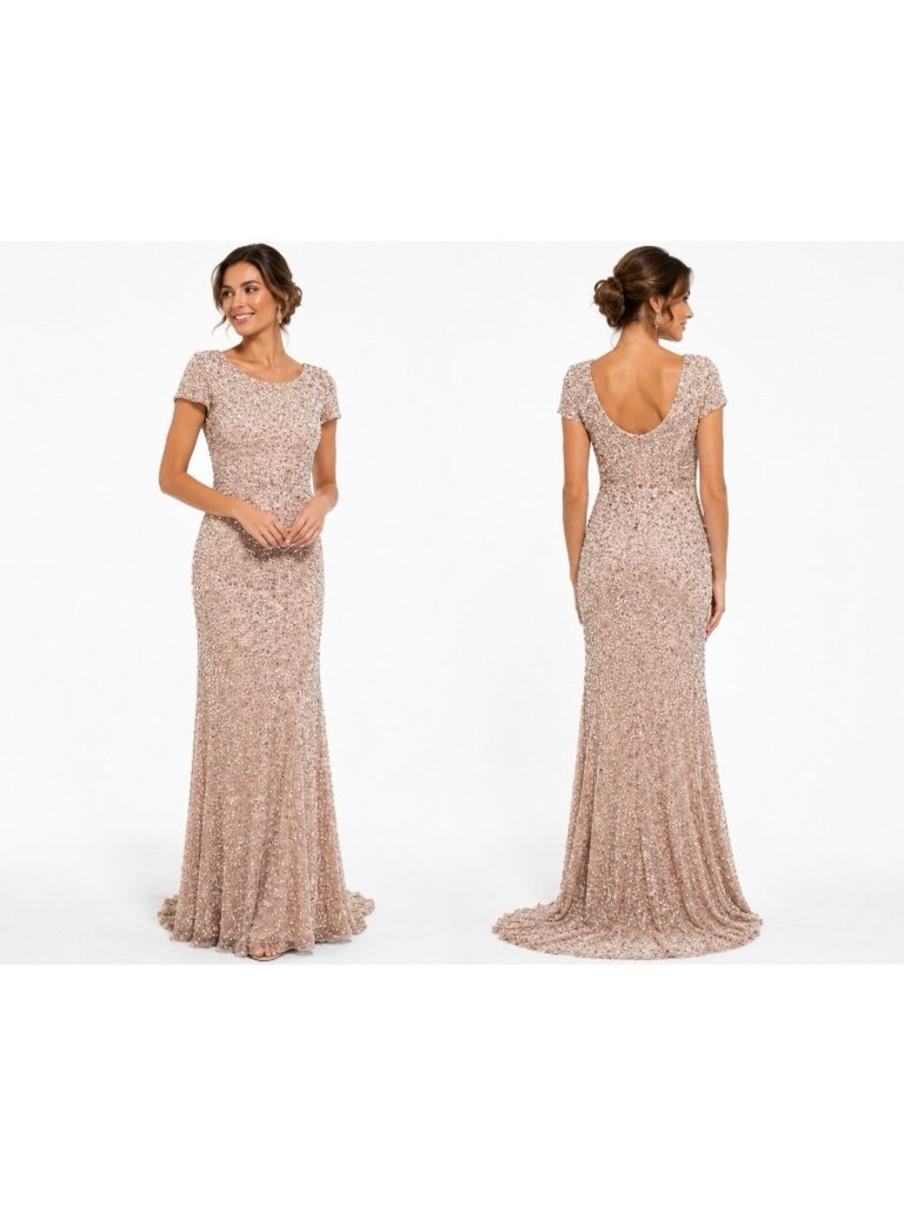 ADRIANNA PAPELL dress gown blush pink sequins 10 formal old Hollywood glamour